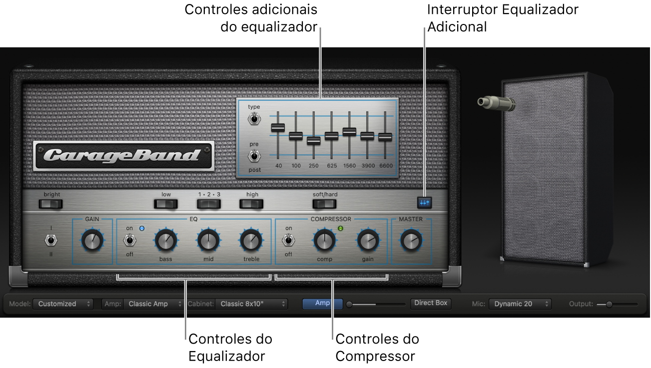 Bass Amp Designer exibindo os controles EQ e Compressor.