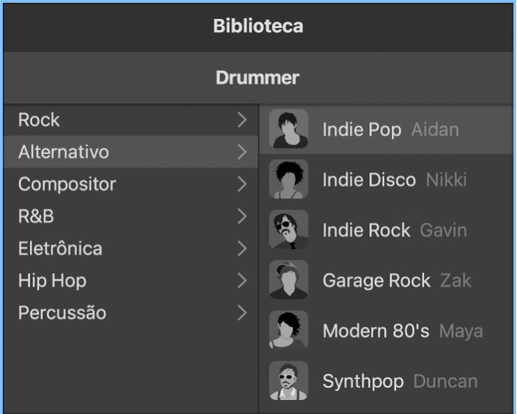 Cartão de personagem no Editor de Drummer.