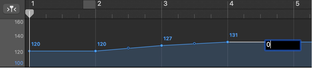 Trilha de Andamento exibindo a configuração de um ponto de controle de andamento numericamente.
