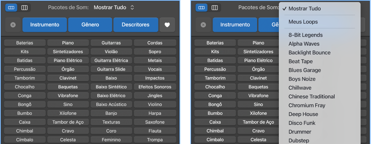 Exibindo o menu local Loops aberto.