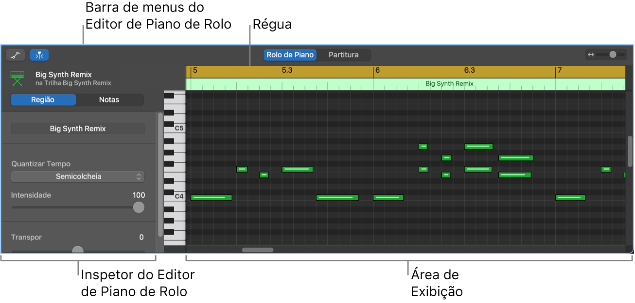 Editor de Piano de Rolo, apontando um evento de nota MIDI.