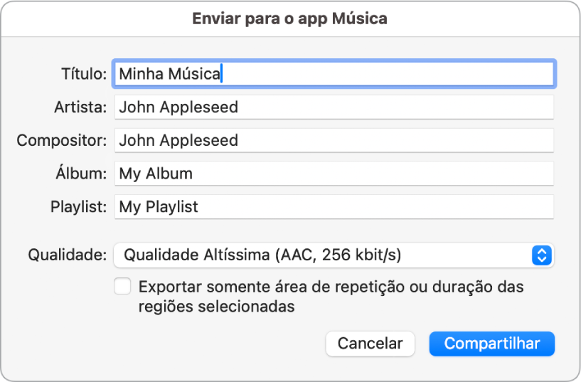 Caixa de diálogo Compartilhar no Música.