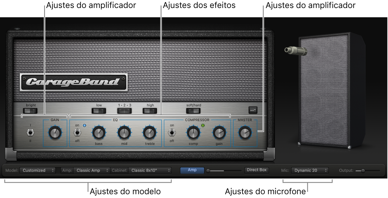 Janela do Bass Amp Designer, exibindo várias áreas de controle.