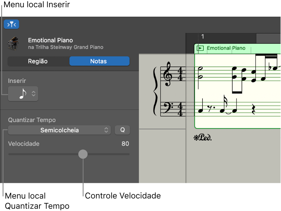 Inspetor do Editor de Partitura no modo Notas, exibindo controles.