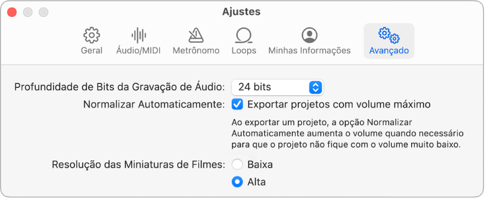 O painel Ajustes Avançado.