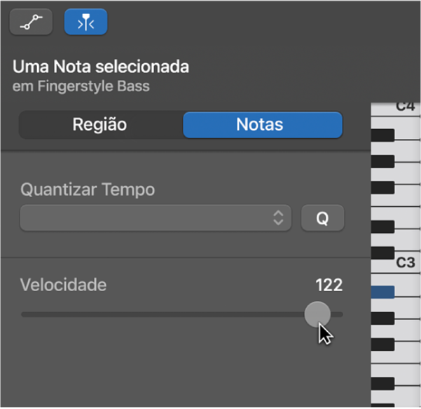 Editar a velocidade das notas no Editor de Piano de Rolo.