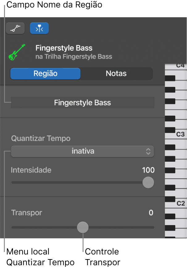 Inspetor do Editor do Rolo de Piano no modo Região, exibindo controles.