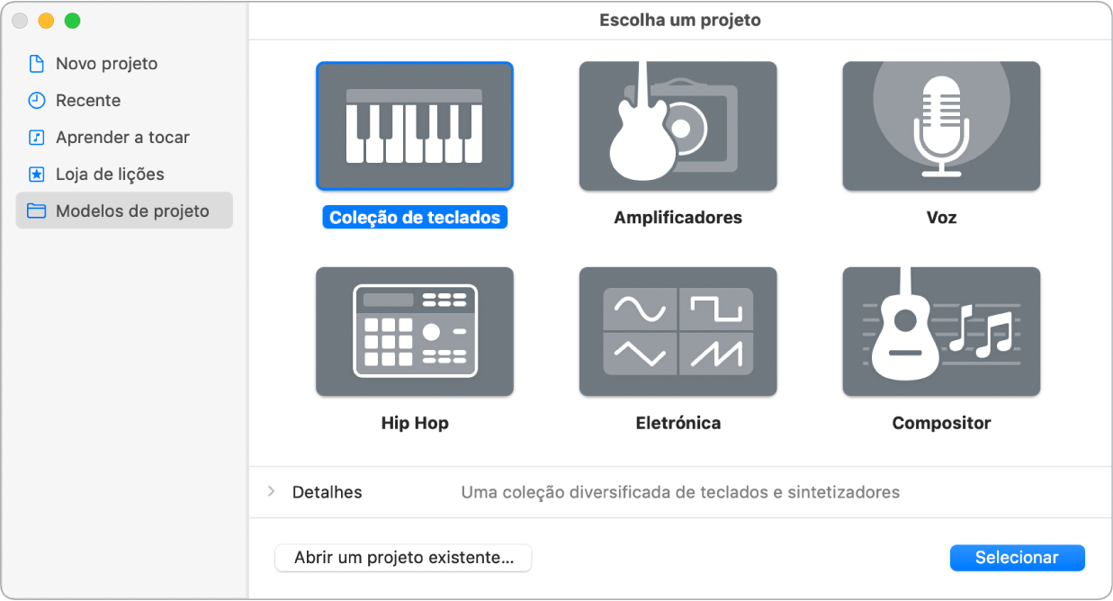 Seletor de projetos a ilustrar os modelos “Novo projeto”.