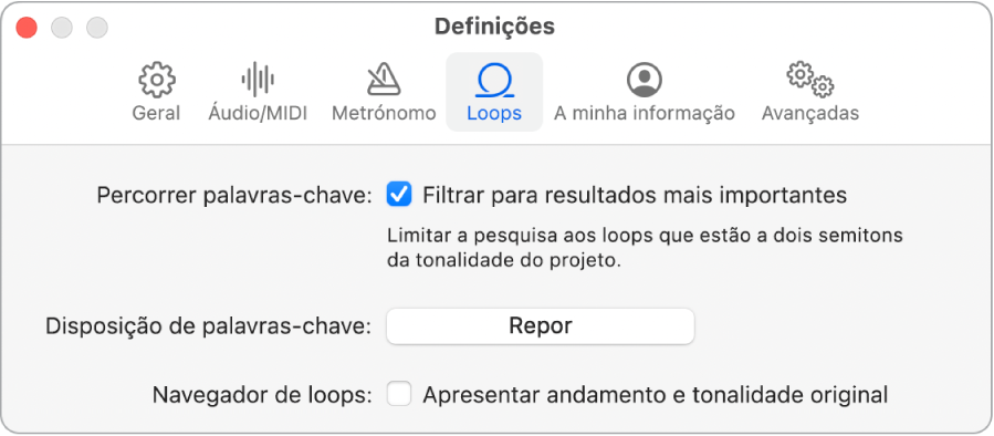 Painel de definições de loops.