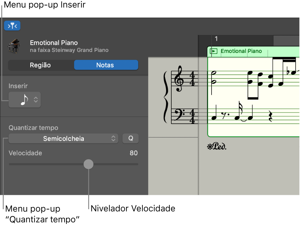 Inspetor do editor de partitura no modo Notas, a ilustrar os controlos.