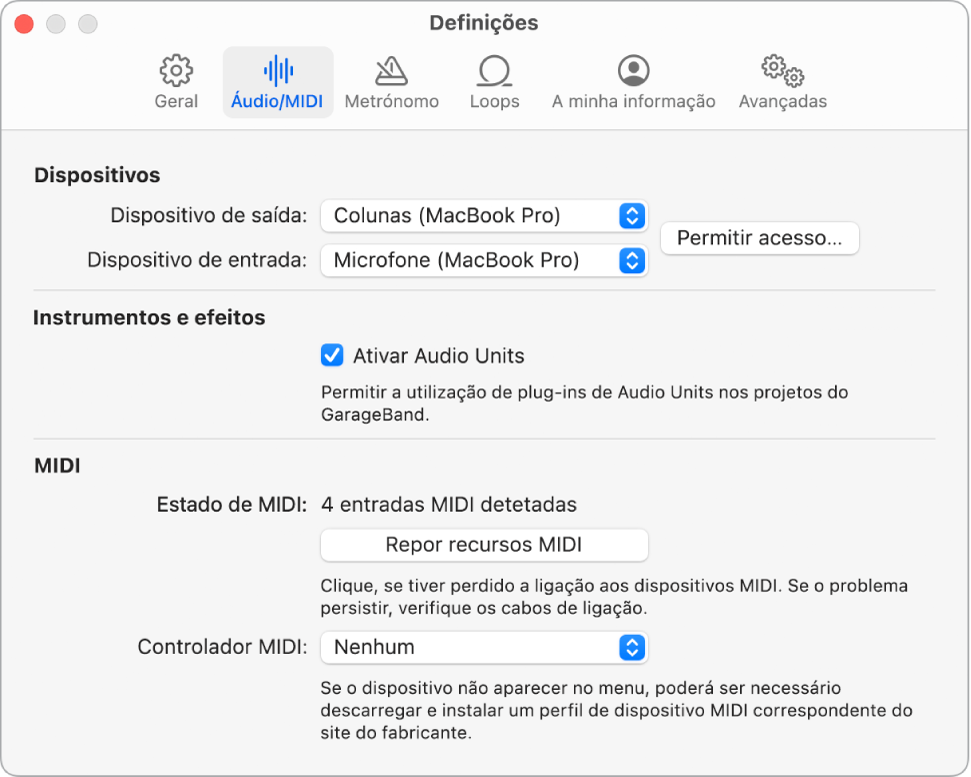 Painel de definições de áudio/MIDI.