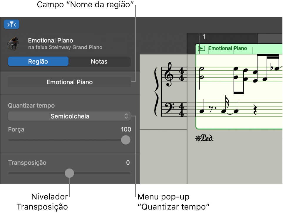 Inspetor do editor de partitura no modo Região, a ilustrar os controlos.