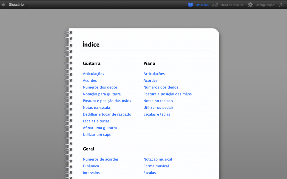 Glossário de “Aprender a tocar”.