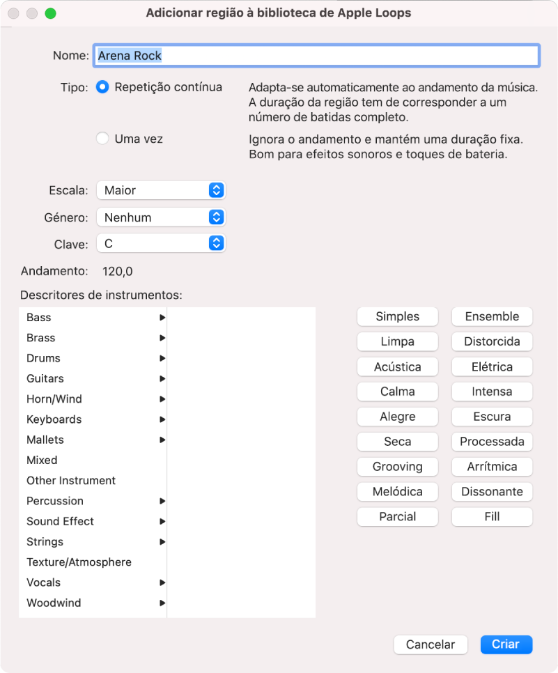 Caixa de diálogo “Adicionar região à biblioteca de Apple Loops”.