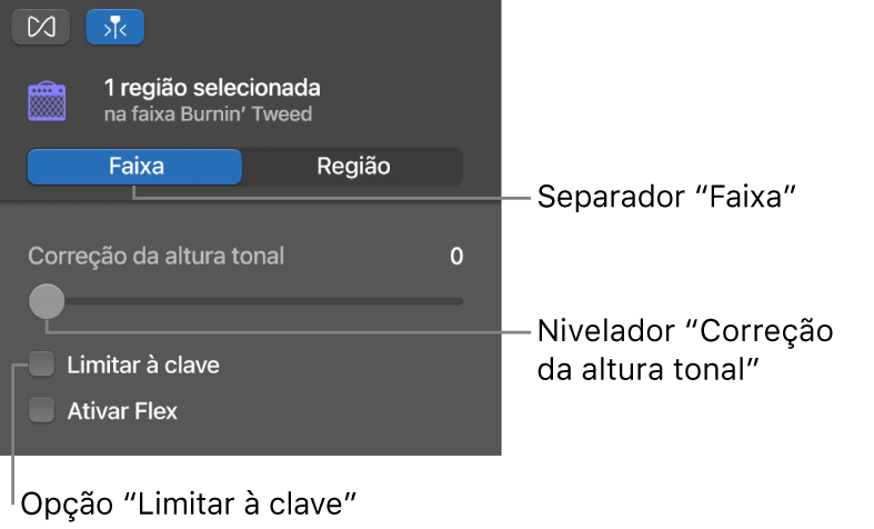 Inspetor do editor de áudio no modo Faixa, a ilustrar o nivelador “Correção da altura tonal” e a opção “Limitar à clave”.