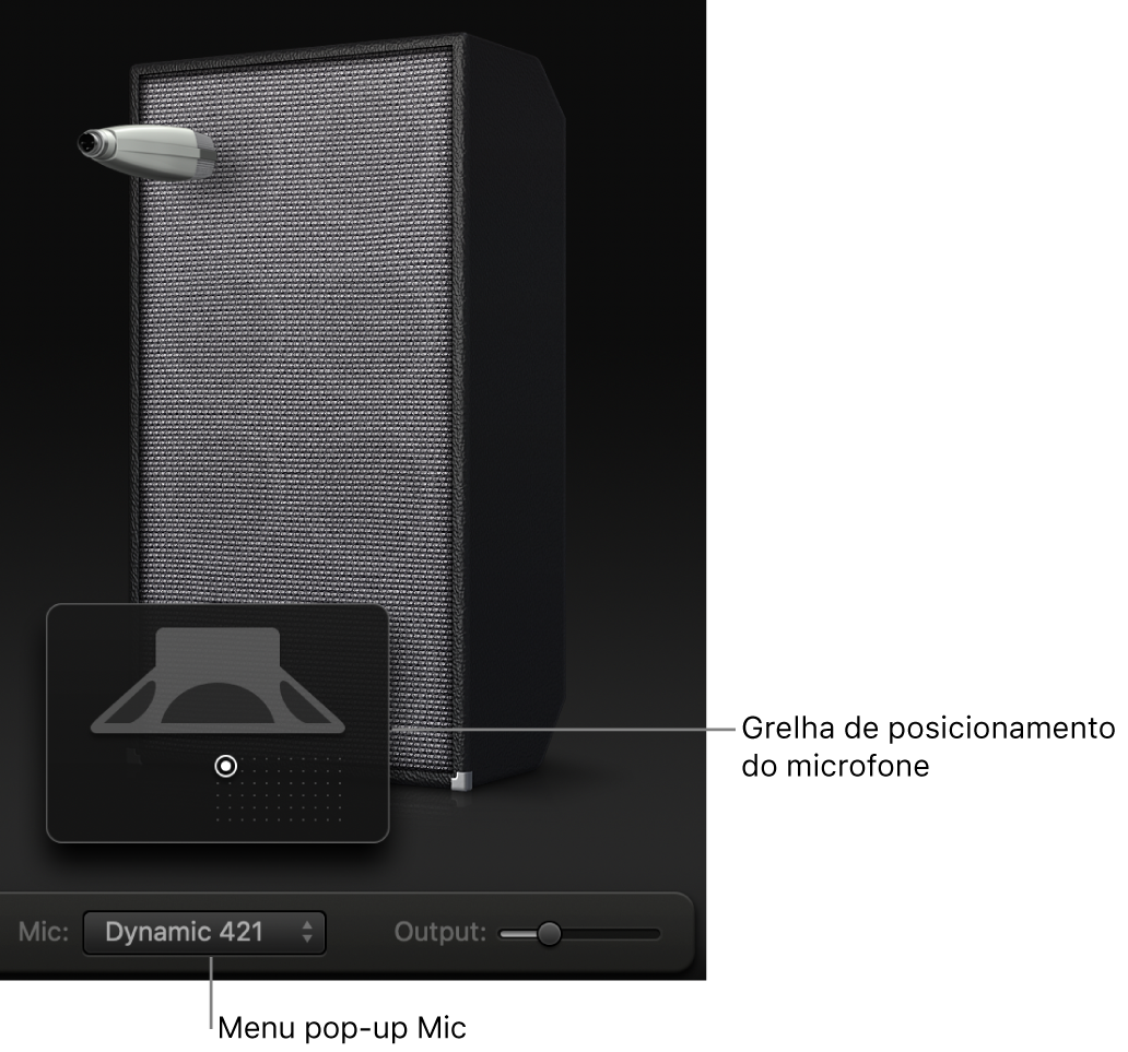 Área da caixa acústica do Bass Amp Designer a mostrar o menu Mic e a grelha de posicionamento do microfone.