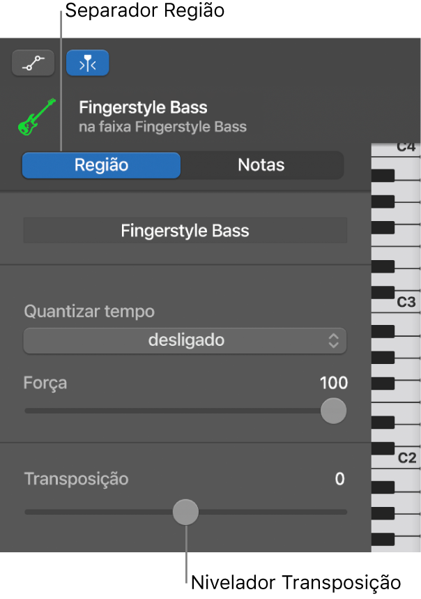 Inspetor do editor de rolo de piano, a ilustrar o botão Região e do nivelador Transposição.