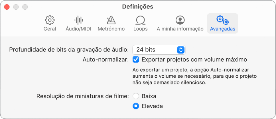 Painel de definições avançadas.