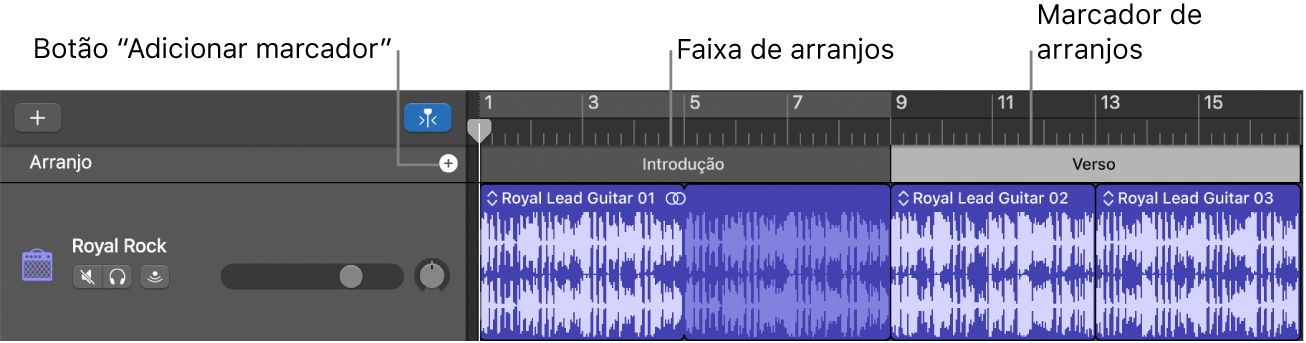 Faixa de arranjos a ilustrar o botão “Adicionar marcador” e a região de arranjos.