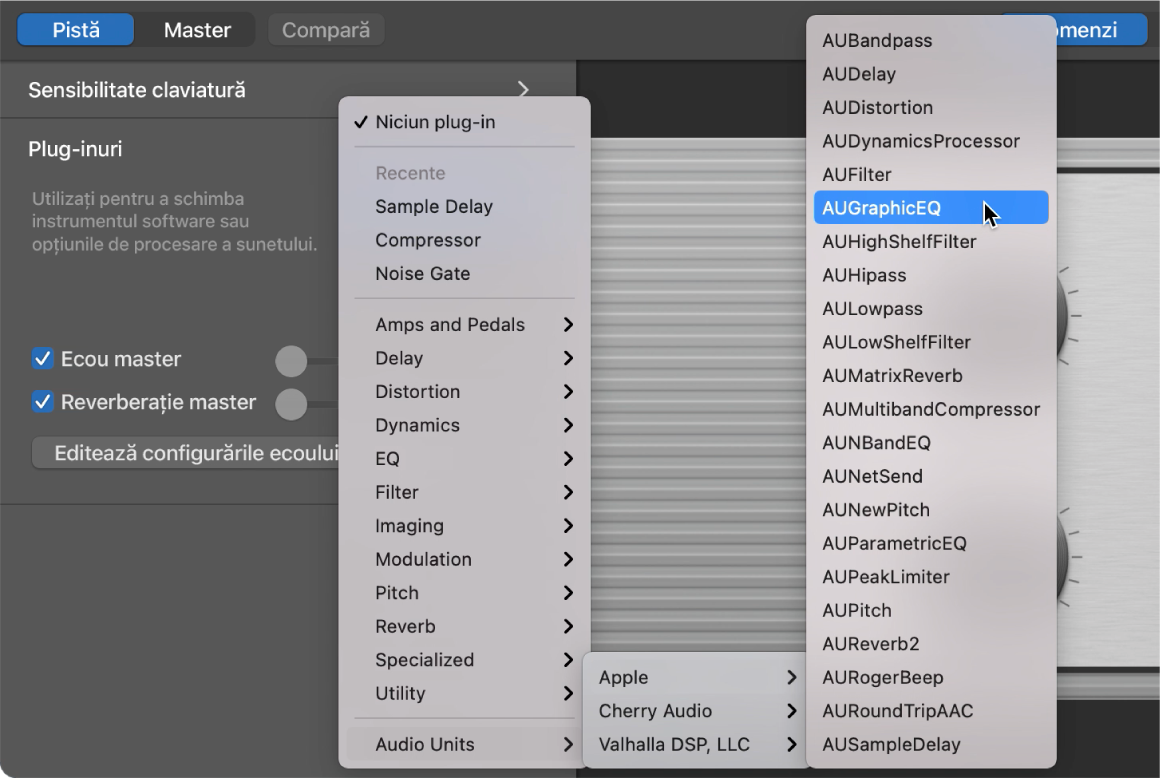 Alegerea unui plug-in Audio Units din meniul pop-up Audio Units din zona Plug-inuri.