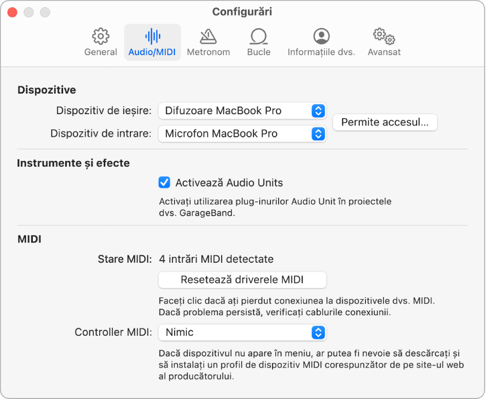 Panoul Configurări Audio/MIDI