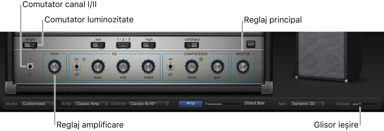 Comenzile amplificatorului Bass Amp Designer, inclusiv comutatorul Luminozitate, butonul Amplificare, comutatorul Canal I și II și butonul Master.