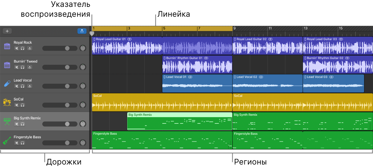 Область «Дорожки» с дорожками, регионами, указателем воспроизведения и линейкой.