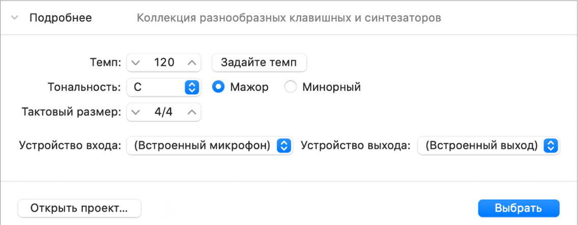 Открытая область «Подробнее» окна «Выбор проекта», в которой показаны параметры.
