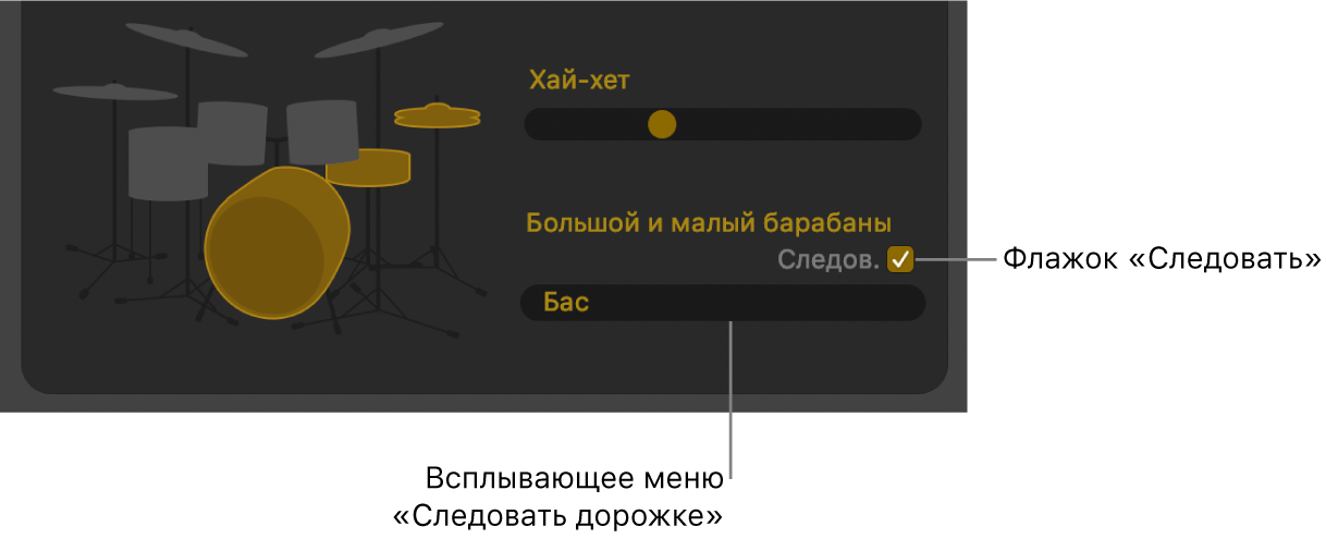 Редактор Drummer с флажком следования и всплывающим меню следования дорожке.