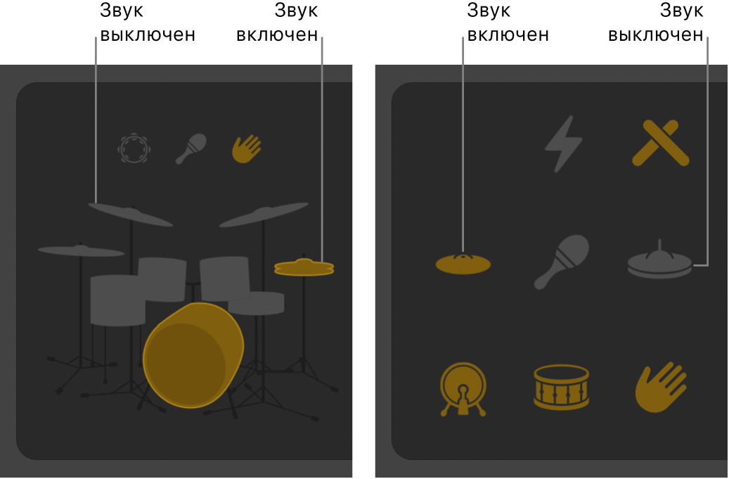 Редактор Drummer с выключенными и активными элементами ударной установки.