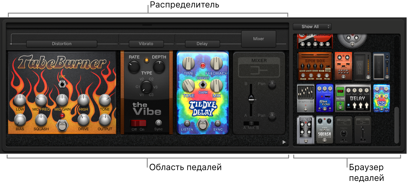 Плагин Pedalboard с областью педалей, браузером педалей и областью маршрутизатора.