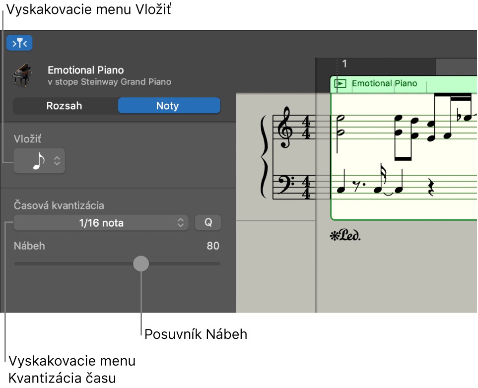 Inšpektor Editora partitúry v režime Noty znázorňujúci ovládače.