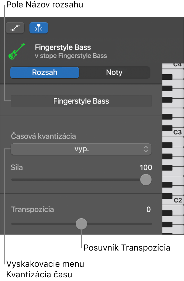 Inšpektor Editora Piano Roll v režime Rozsah znázorňujúci ovládače.