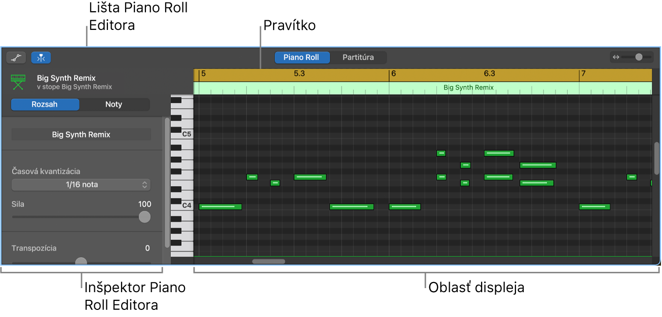 Editor Piano Roll poukazujúci na udalosť nôt MIDI.