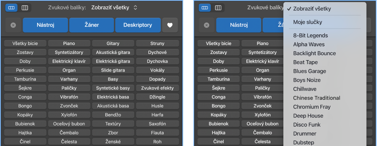Znázorňuje otvorené vyskakovacie menu Slučky.