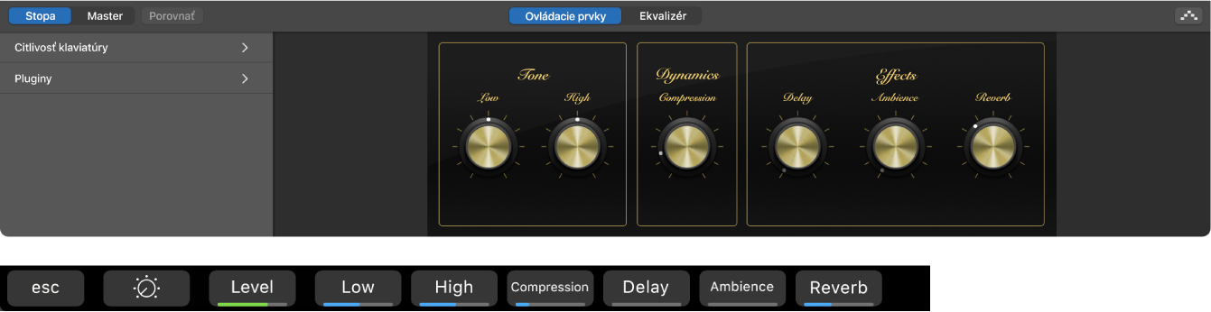 Obrázok. Smart Controls stopy softvérového nástroja a dynamické skratky na obrazovke Smart Controls.