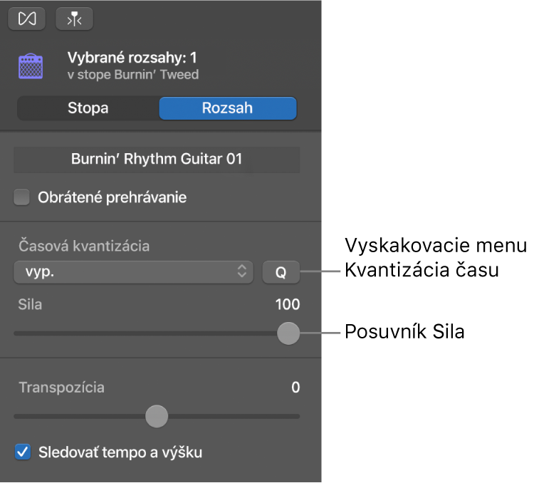 Inšpektor Editora audia znázorňujúci vyskakovacie menu Kvantizácia času a posuvník Sila.