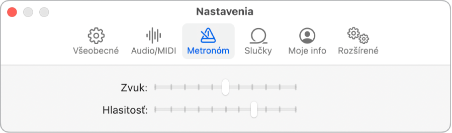 Panel s nastaveniami Metronóm.