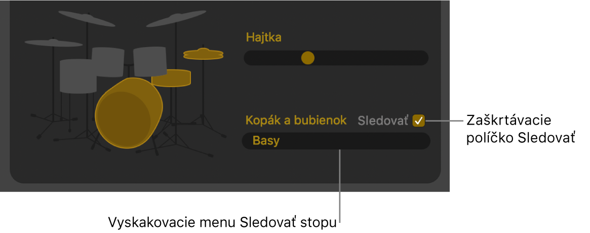 Editor Drummera znázorňujúci zaškrtávacie políčko Nasledovať a vyskakovacie menu Nasledovať stopu.