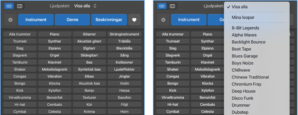 Popupmenyn Loopar visas.