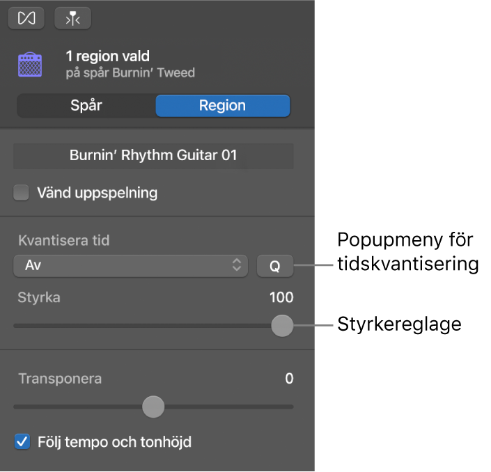 Ljudredigerarens granskare med popupmenyn Tidskvantisering och reglaget Styrka.