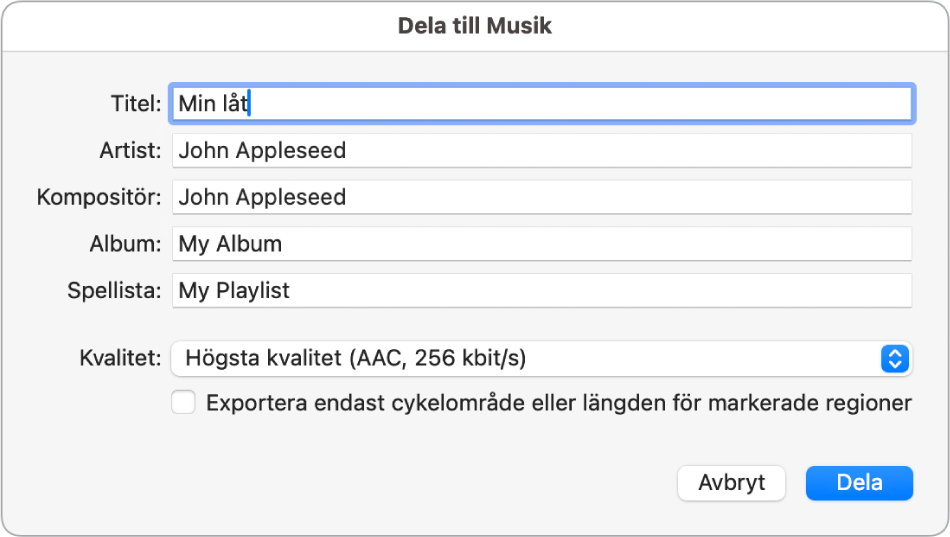 Dialogrutan Dela till Musik.