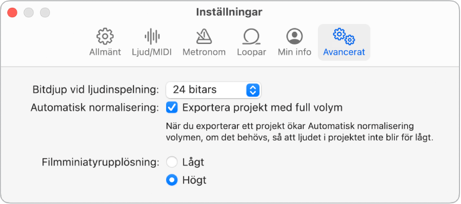 Inställningspanelen Avancerat.