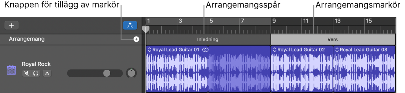 Arrangemangsspår med knappen Lägg till markör och arrangemangsregion.