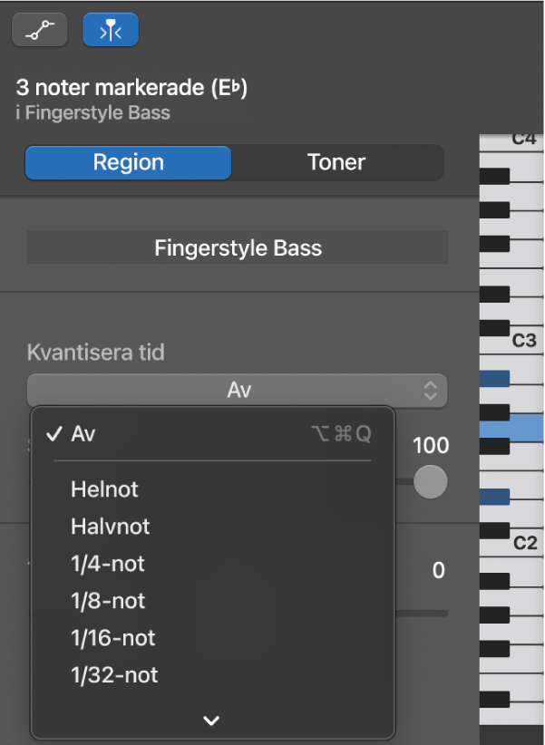 Välja ett värde från popupmenyn Tidskvantisering i pianorulleredigerarens granskare.