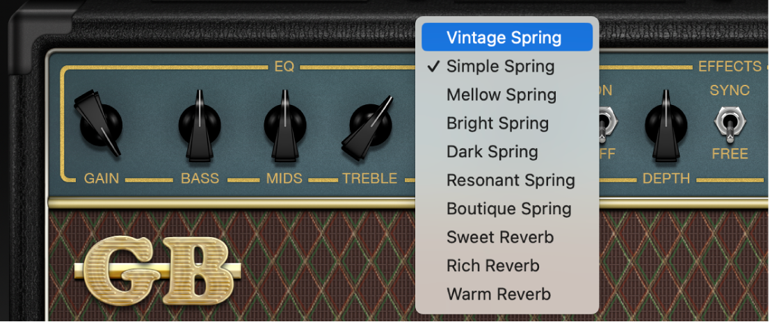 Amp Designer med menyn Reverb och reglagen Tremolo och Vibrato.