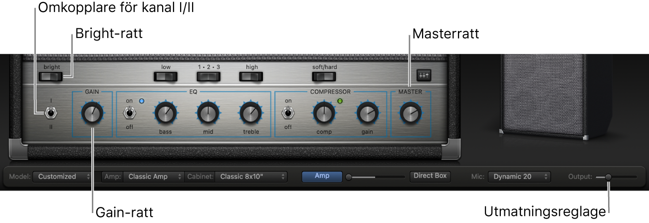 Bass Amp Designer med förstärkarreglage som Bright-växlare, Gain-ratt, växlare för kanal I och II samt Master-ratt.