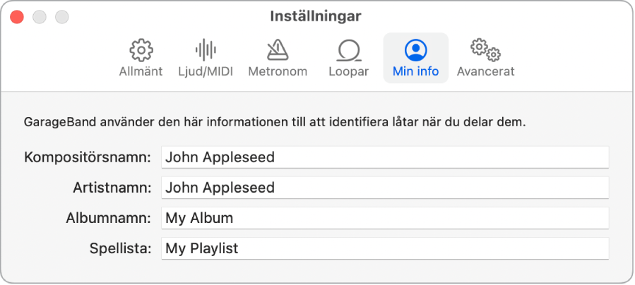 Inställningspanelen Min info.