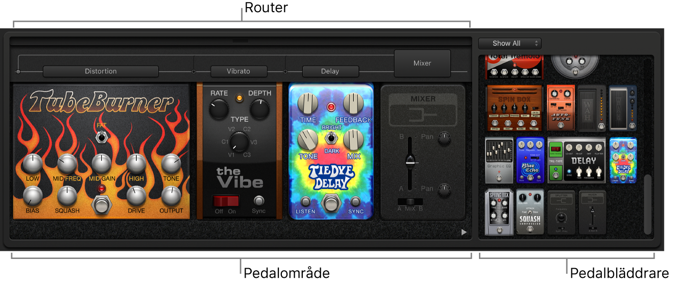 Insticksfilen Pedalboard med pedalområdet, Pedalbläddrare och routerområdet.