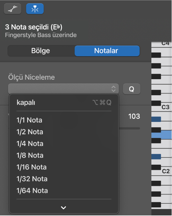 Piyano Rulo Düzenleyici denetçisindeki Ölçü Niceleme açılır menüsünden bir değer seçiliyor.